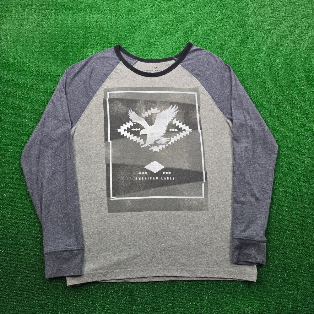 American Eagle Outfitters Tshirt Mens Large Gray Long Sleeve Raglan Graphic Tee